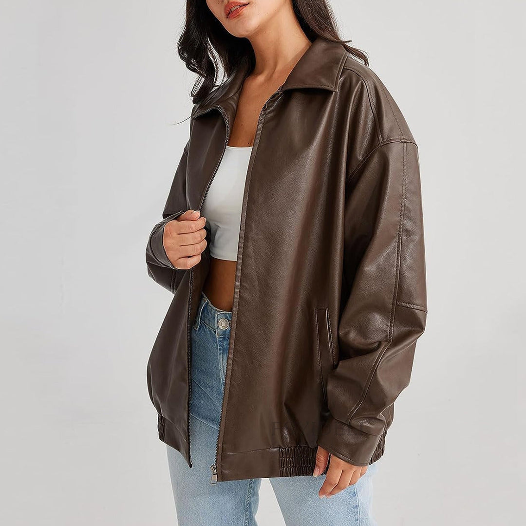 Ava | Women's Relaxed Fit Leather Zip-Up Bomber Jacket