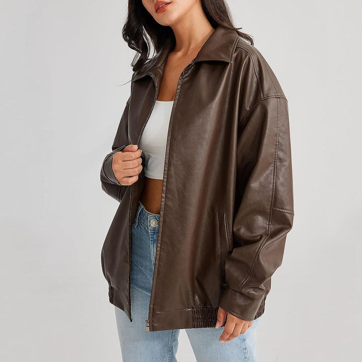 Ava | Women's Relaxed Fit Leather Zip-Up Bomber Jacket