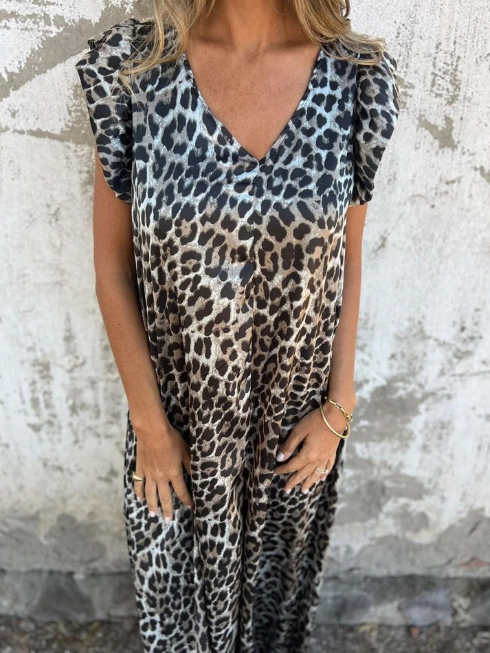 Zara | Women's Leopard Print Flutter Sleeve Jumpsuit