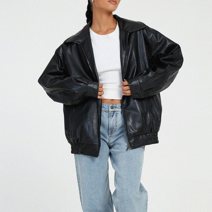 Ava | Women's Relaxed Fit Leather Zip-Up Bomber Jacket