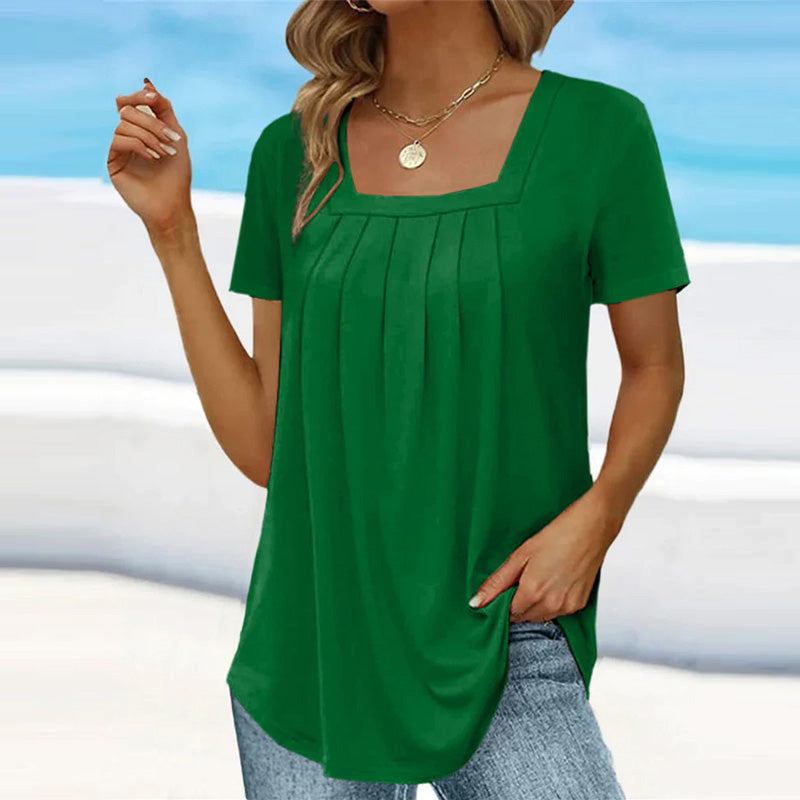 Aveline | Women's Square Neck Pleated Short Sleeve Blouse