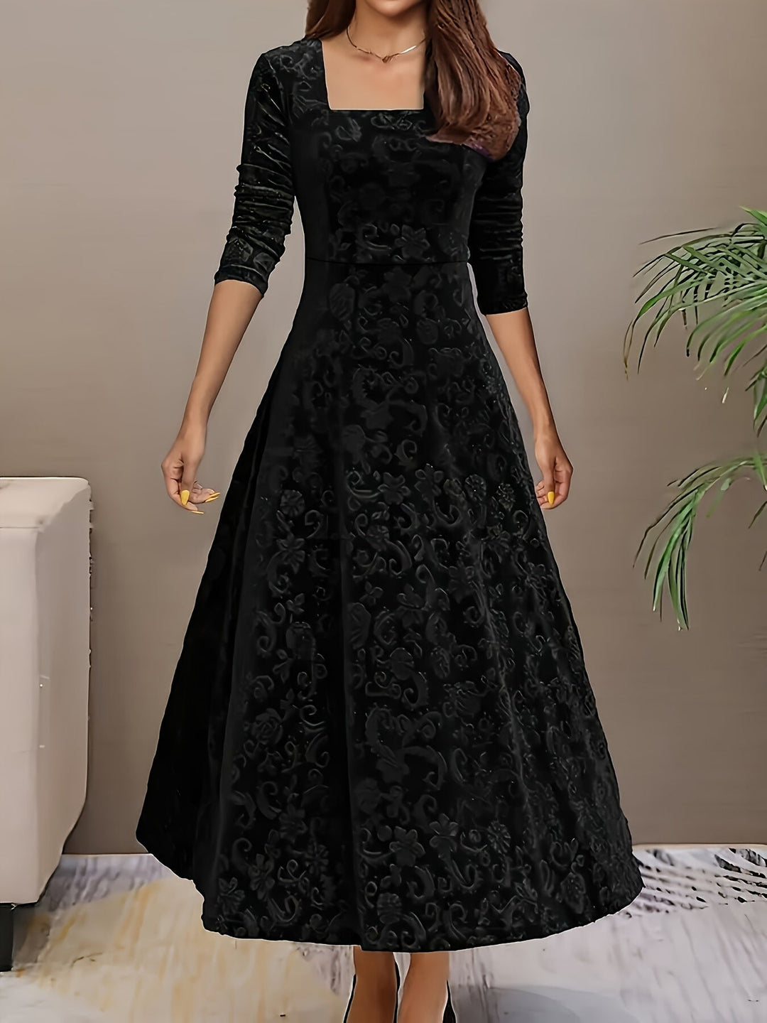 Seraphina | Women's Embroidered Velvet A-Line Maxi Dress