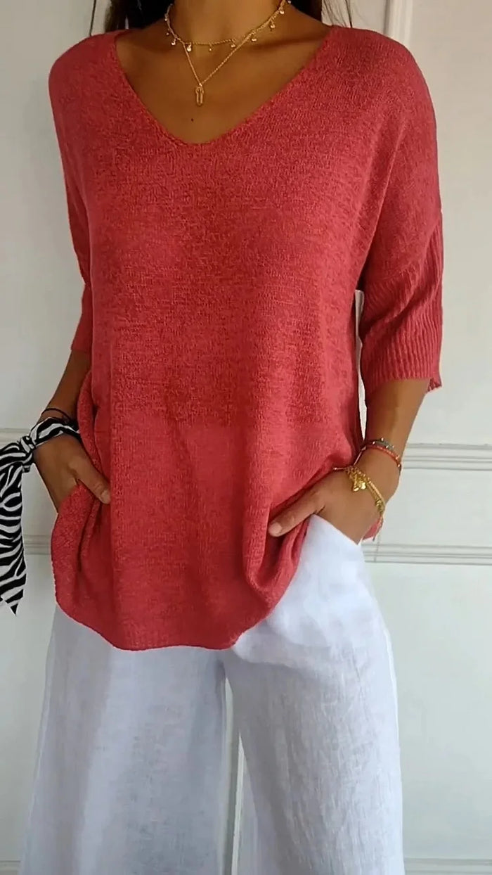 Elowen | Women's Textured V-Neck 3/4 Sleeve Knit Top