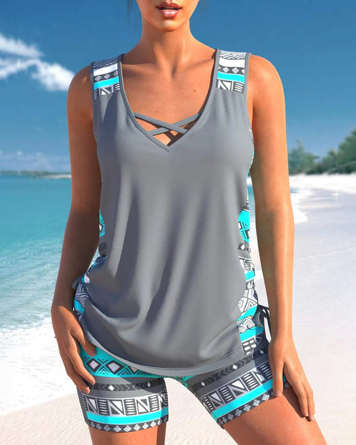 Kaia | Women's Criss-Cross V-Neck Printed Tankini Top