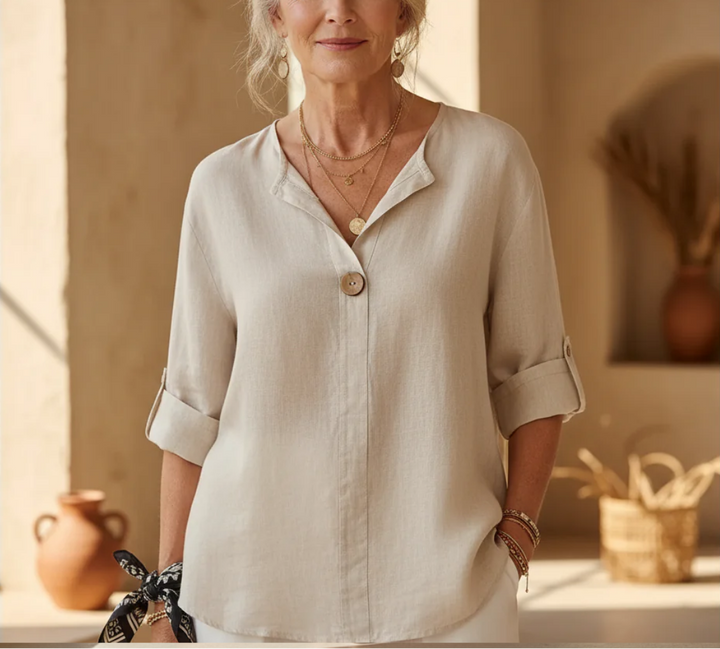 Elowen | Women's Relaxed V-Neck Button Detail Blouse