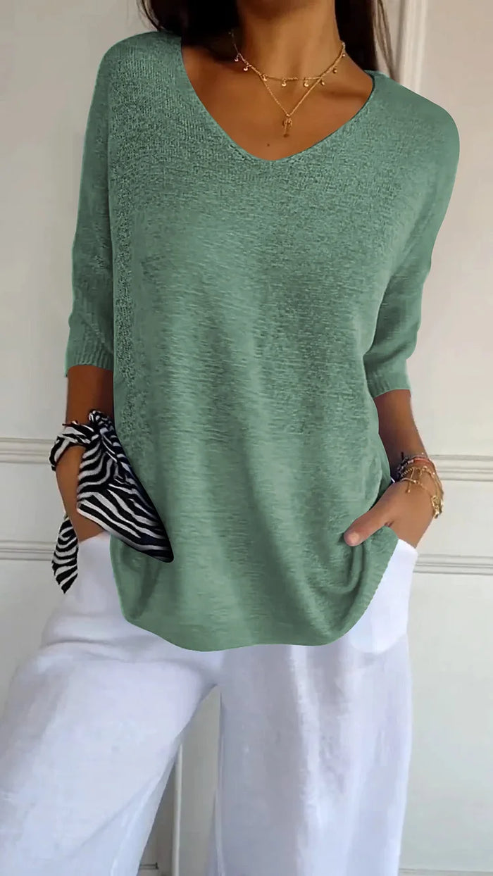 Elowen | Women's Textured V-Neck 3/4 Sleeve Knit Top