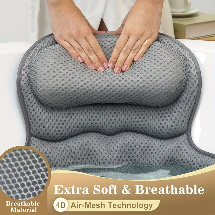 Bath Pillow 4D Air Mesh Non-Slip – Neck & Back Support, Quick Dry & Machine Washable for Bathtub Comfort