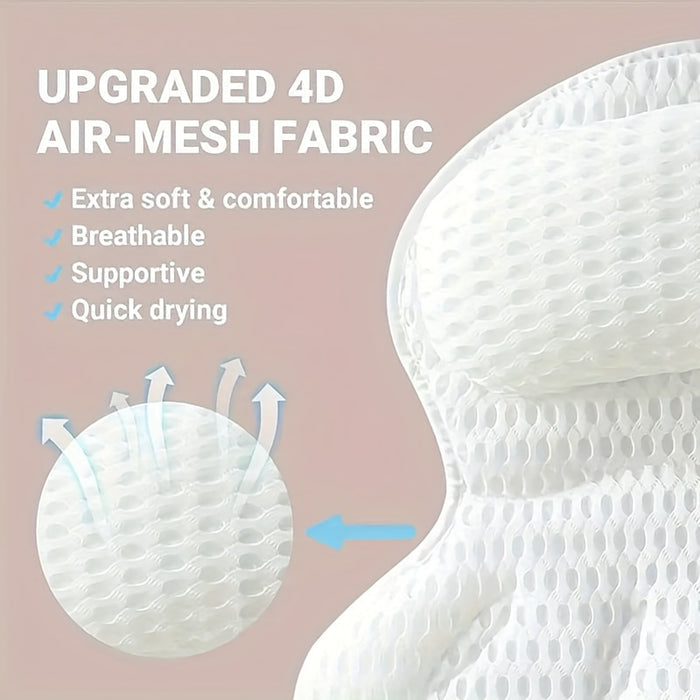 Bath Pillow 4D Air Mesh Non-Slip – Neck & Back Support, Quick Dry & Machine Washable for Bathtub Comfort