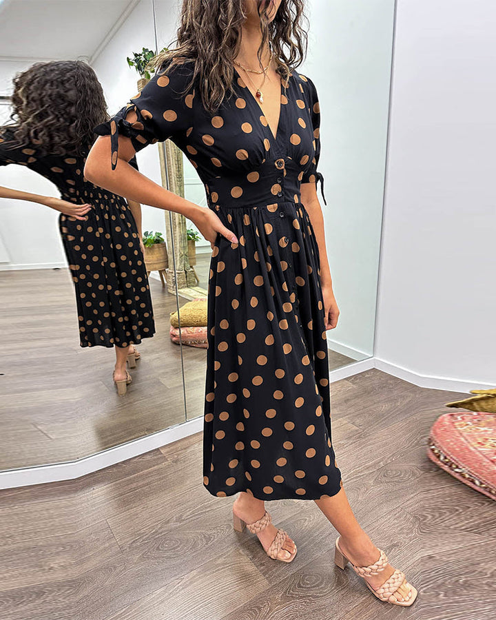 Lucienne | Women's Polka Dot V-Neck Buttoned Midi Dress