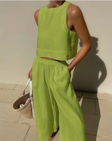 Isla | Women's Linen Crop Top And Pants Set