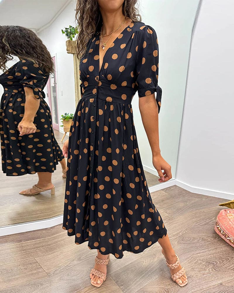 Lucienne | Women's Polka Dot V-Neck Buttoned Midi Dress