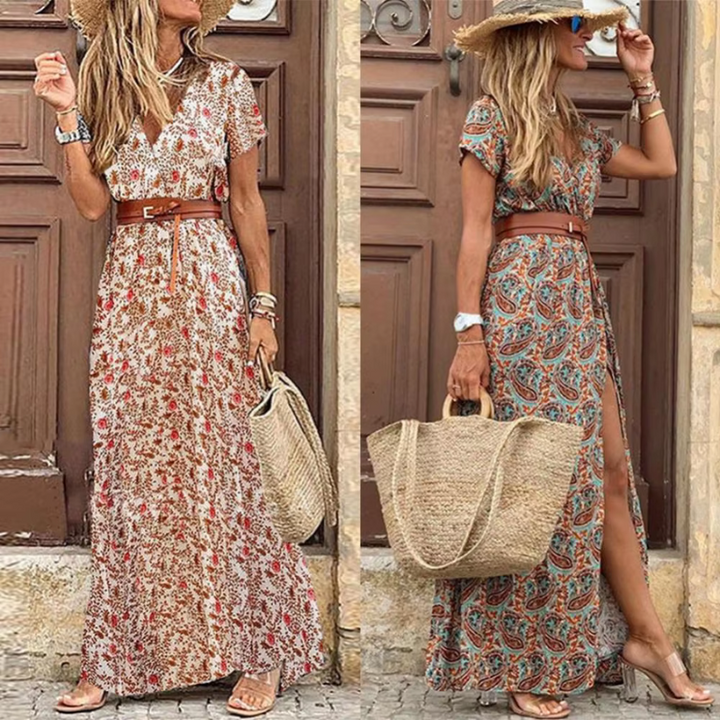 Elara | Women's Belted Floral V-Neck Maxi Dress