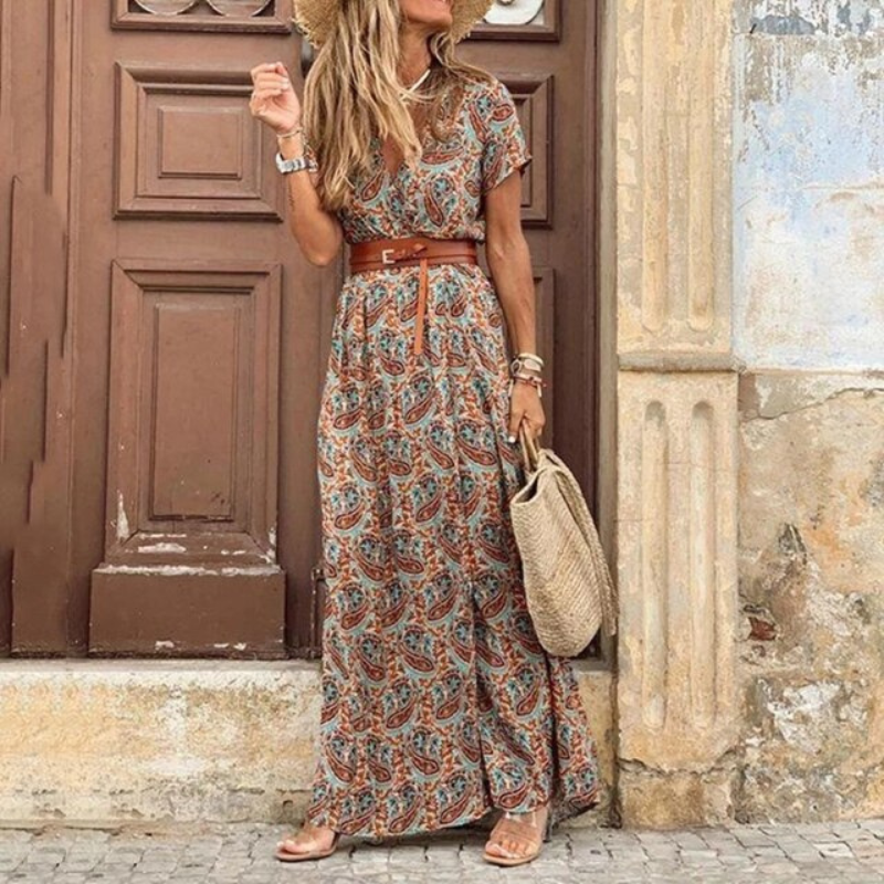 Elara | Women's Belted Floral V-Neck Maxi Dress