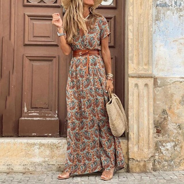 Elara | Women's Belted Floral V-Neck Maxi Dress