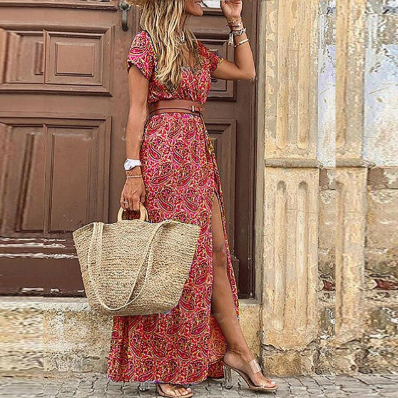 Elara | Women's Belted Floral V-Neck Maxi Dress