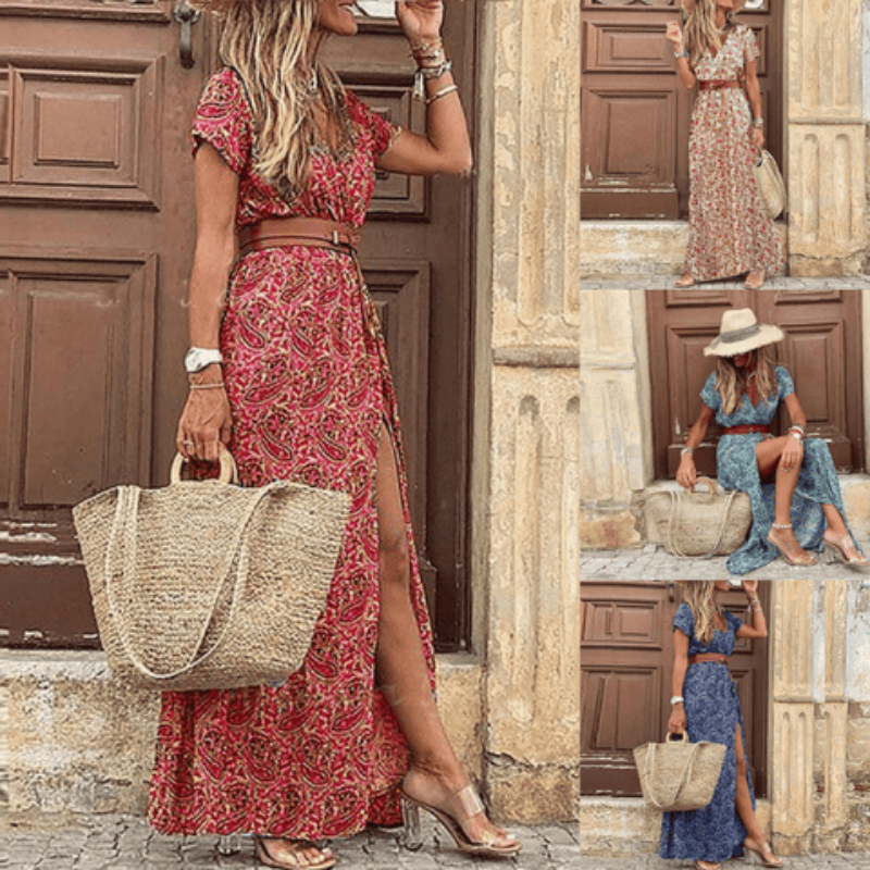 Elara | Women's Belted Floral V-Neck Maxi Dress