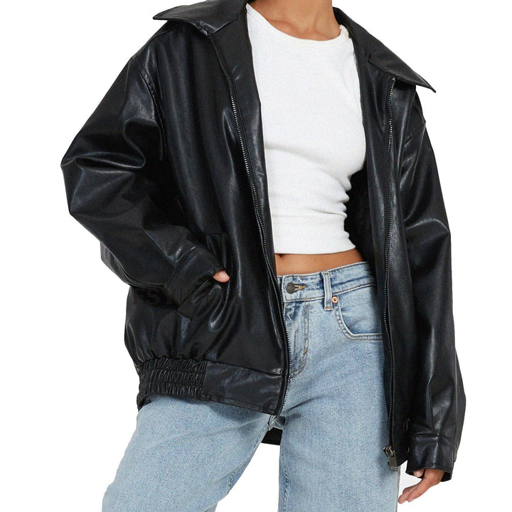 Ava | Women's Relaxed Fit Leather Zip-Up Bomber Jacket