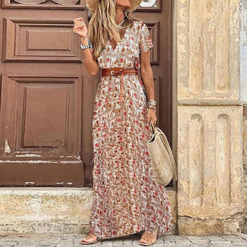 Elara | Women's Belted Floral V-Neck Maxi Dress
