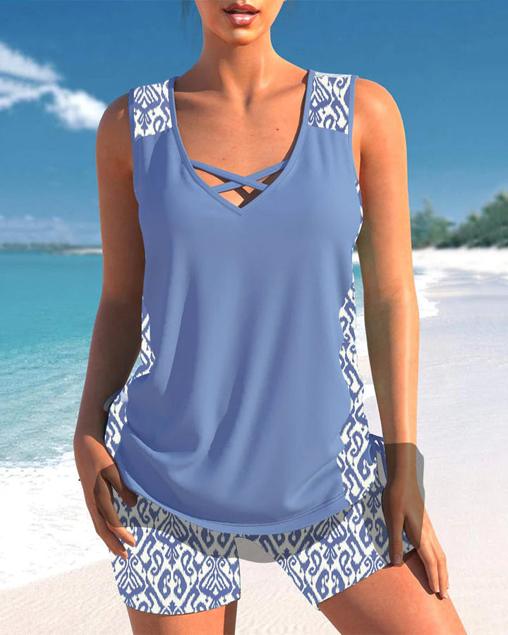 Kaia | Women's Criss-Cross V-Neck Printed Tankini Top