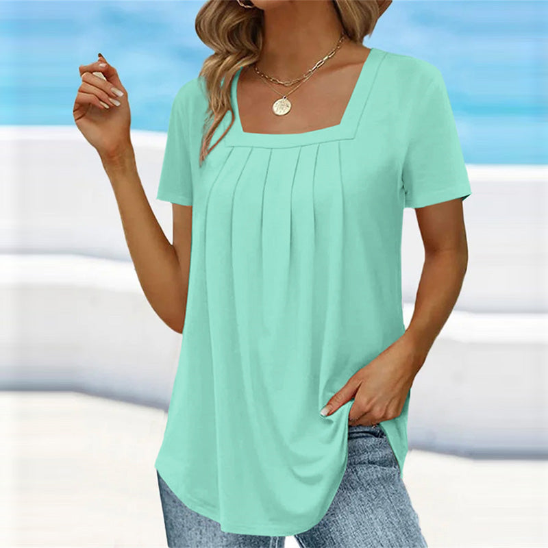 Aveline | Women's Square Neck Pleated Short Sleeve Blouse