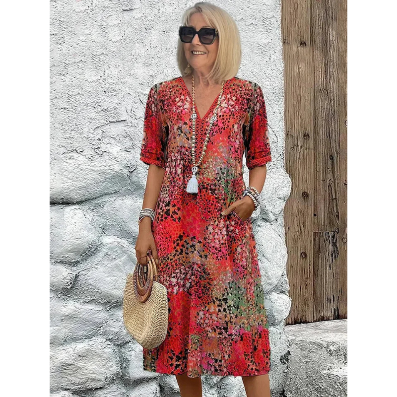 Elara | Women's Relaxed Fit Three Quarter Sleeve Midi Dress