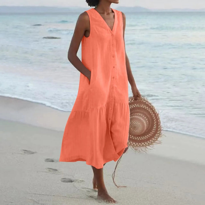 Luna | Women's V-Neck Button Front Breezy Dress