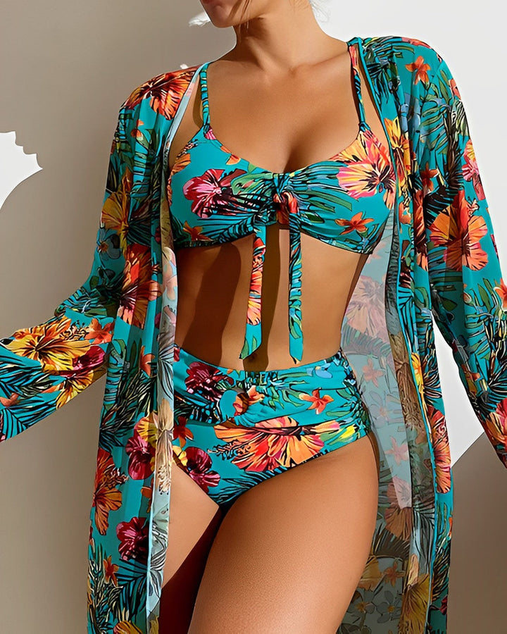Velmora | Women's Tropical Print 3-Piece Bikini & Cover-Up Set