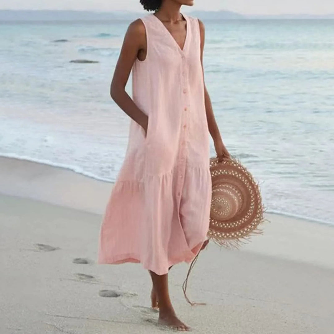 Luna | Women's V-Neck Button Front Breezy Dress