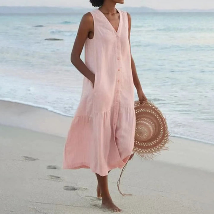 Luna | Women's V-Neck Button Front Breezy Dress