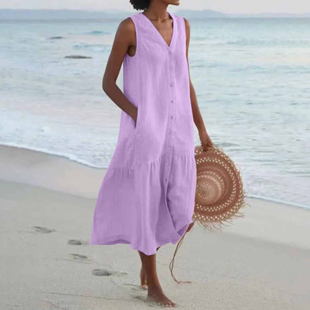 Luna | Women's V-Neck Button Front Breezy Dress