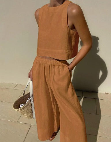 Isla | Women's Linen Crop Top And Pants Set