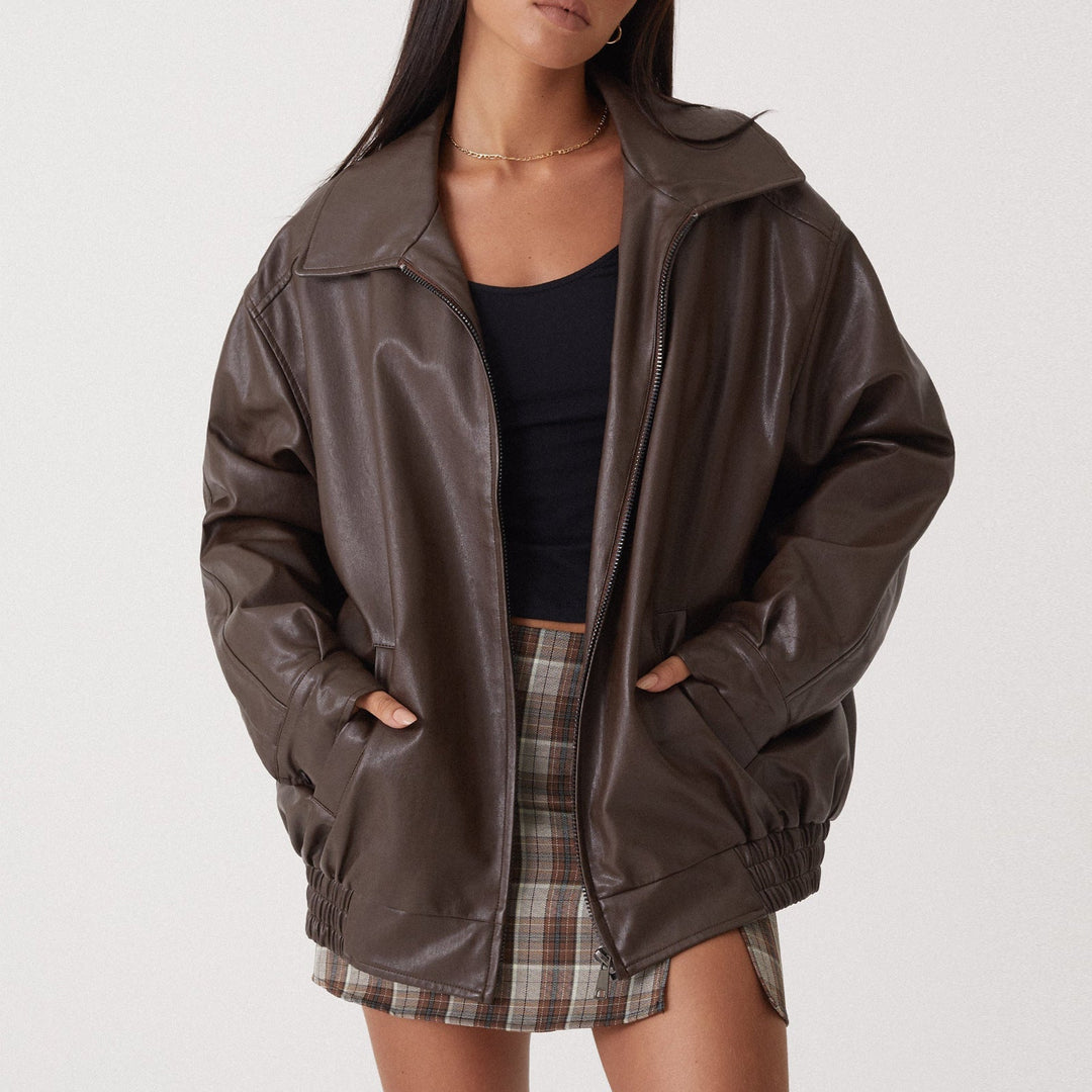 Ava | Women's Relaxed Fit Leather Zip-Up Bomber Jacket