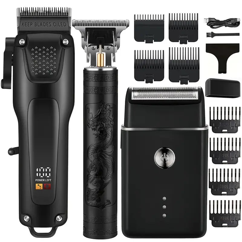 Hair and Beard Trimmer Set 3-Piece Cordless – LED Display, USB Rechargeable & Waterproof, for Men Grooming