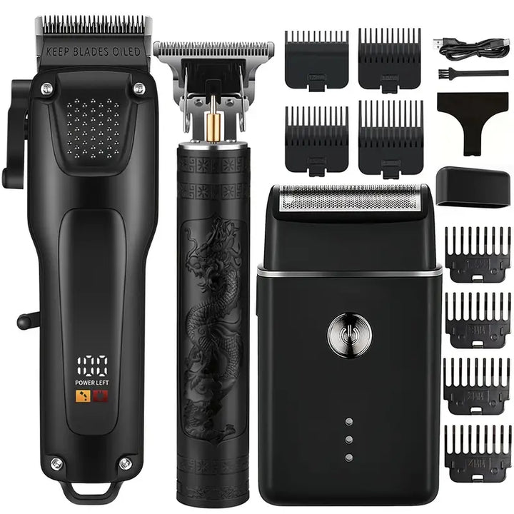 Hair and Beard Trimmer Set 3-Piece Cordless – LED Display, USB Rechargeable & Waterproof, for Men Grooming