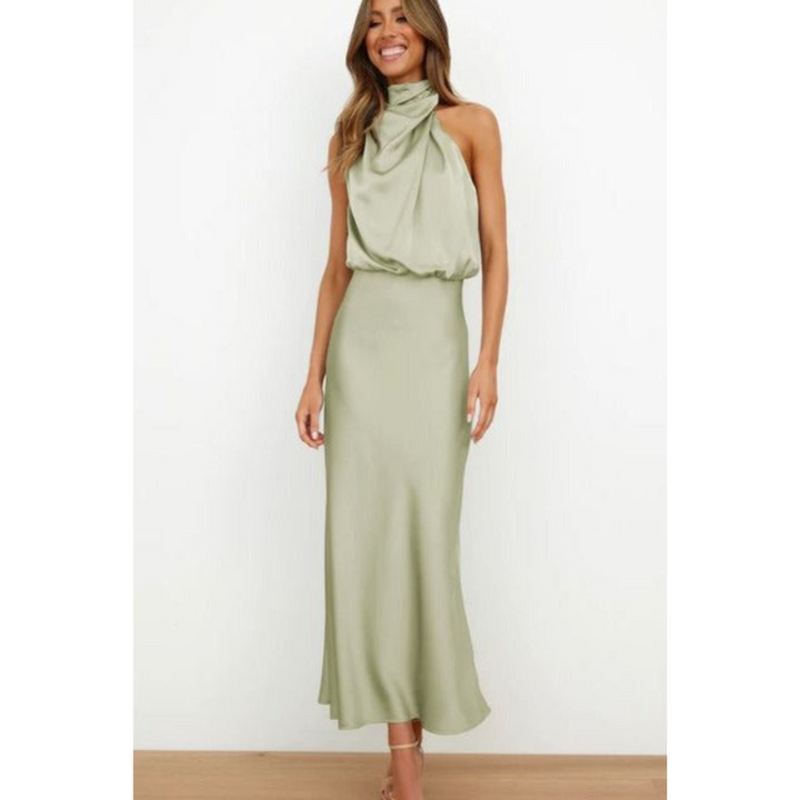 Serena | Women's Satin Halter Neck Flowing Midi Dress