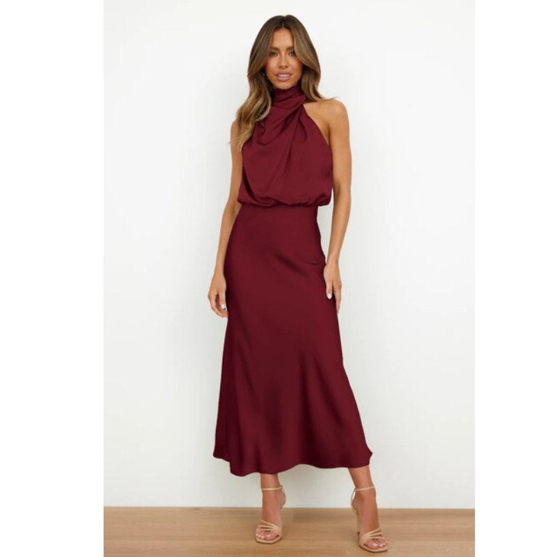 Serena | Women's Satin Halter Neck Flowing Midi Dress