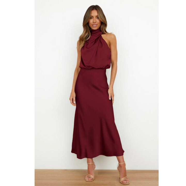 Serena | Women's Satin Halter Neck Flowing Midi Dress