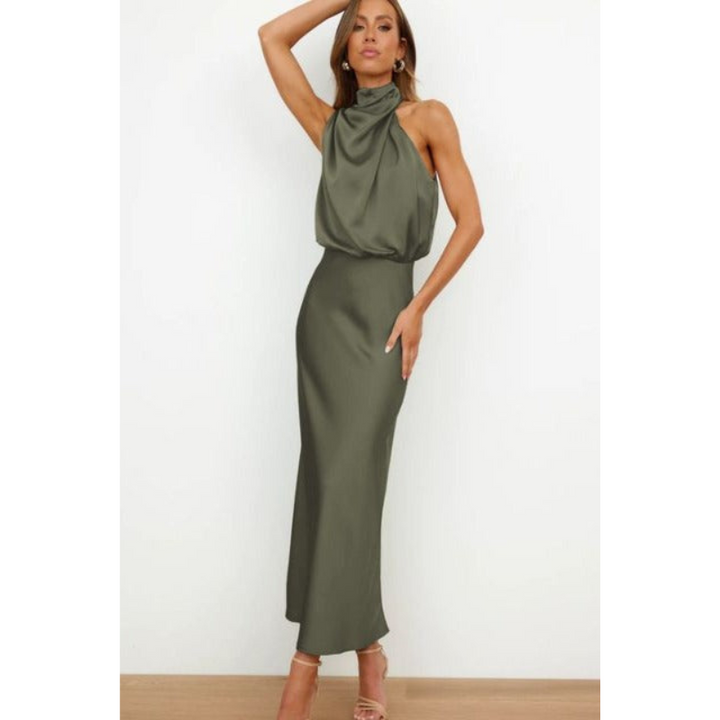Serena | Women's Satin Halter Neck Flowing Midi Dress