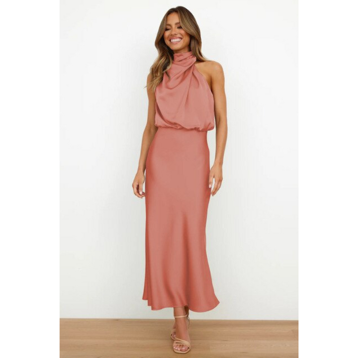 Serena | Women's Satin Halter Neck Flowing Midi Dress