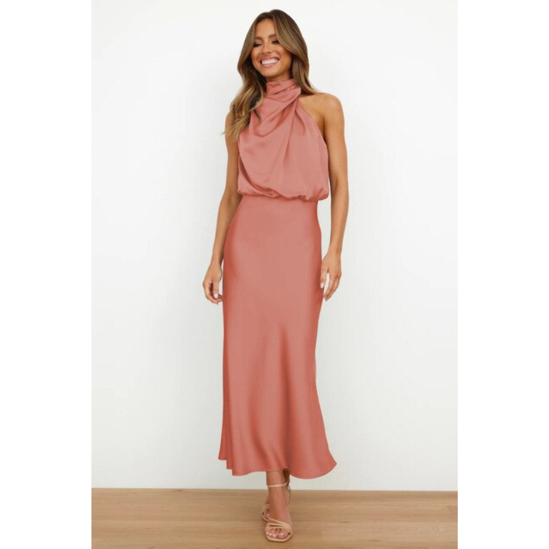 Calista | Women's Halter Neck Flowing Satin Midi Dress