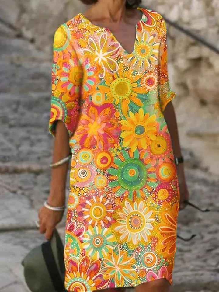 Solara | Women's Vibrant Floral V-Neck Shift Dress