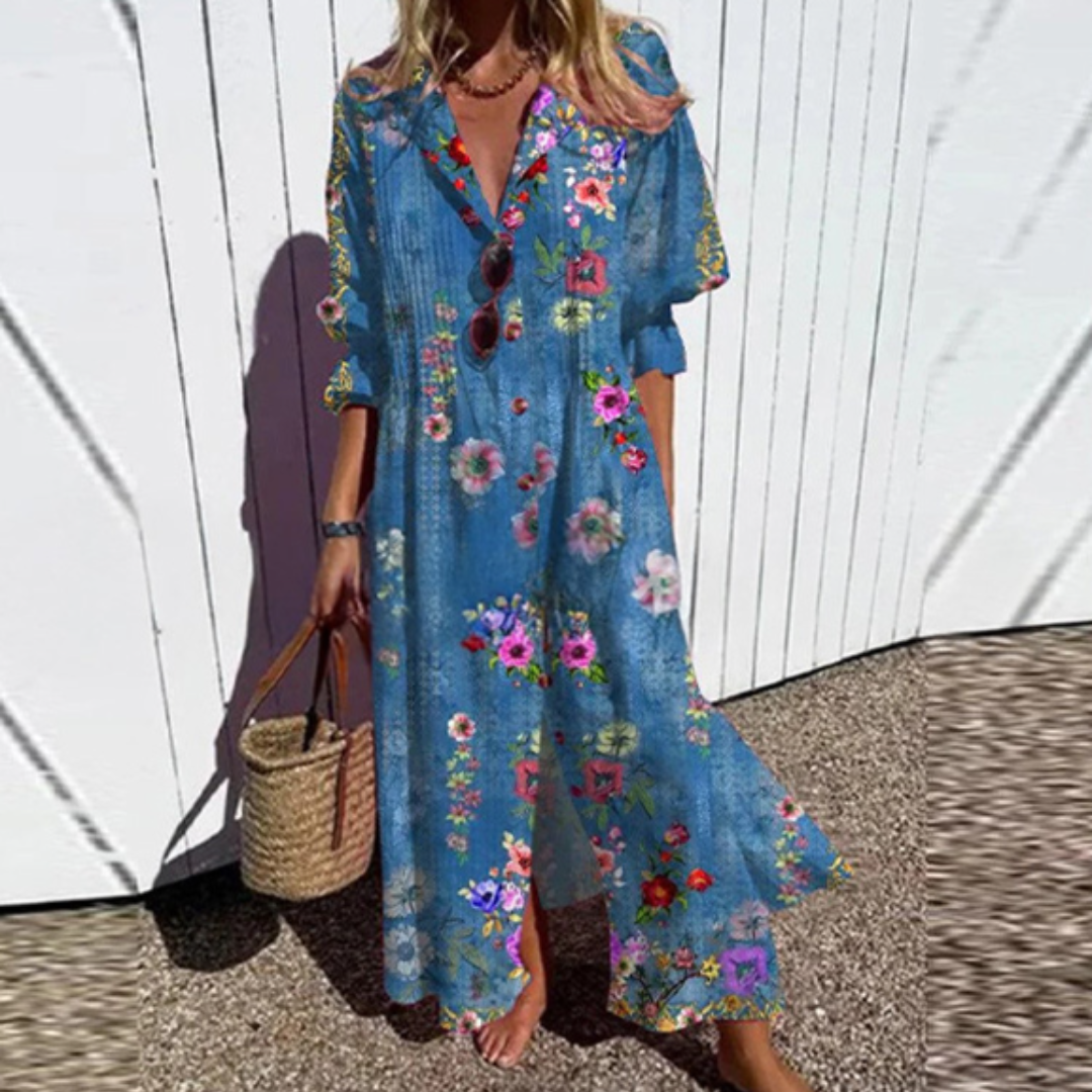 Elina | Women's Leaf Print Button Front Maxi Dress