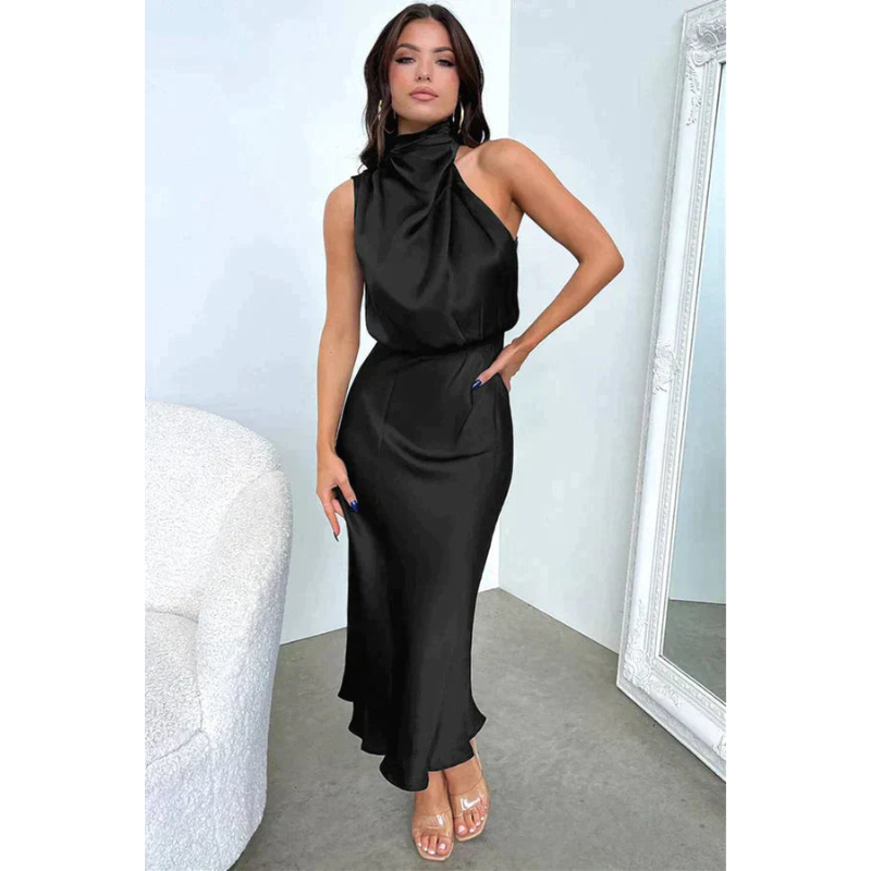 Serena | Women's Satin Halter Neck Flowing Midi Dress