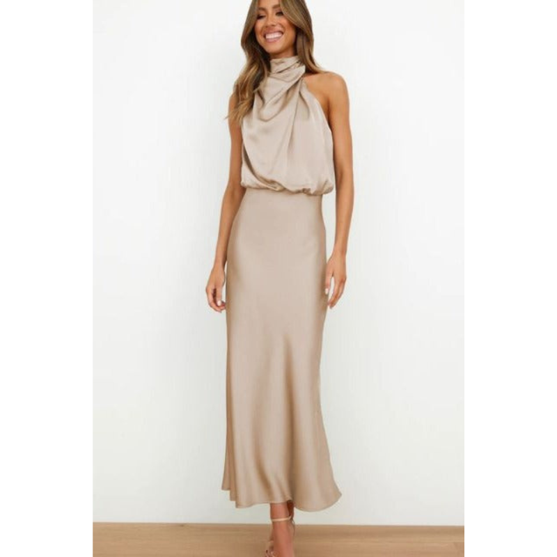 Serena | Women's Satin Halter Neck Flowing Midi Dress