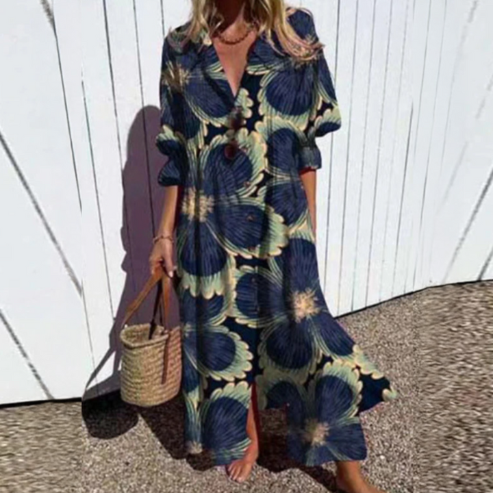 Elina | Women's Leaf Print Button Front Maxi Dress