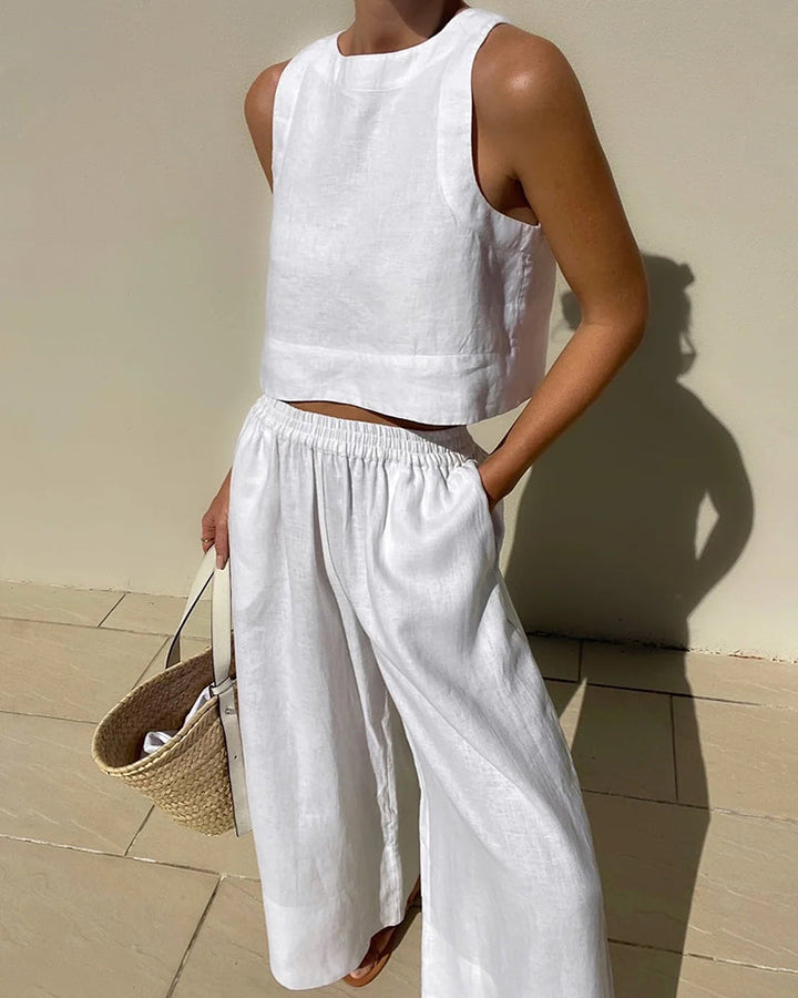 Isla | Women's Linen Crop Top And Pants Set