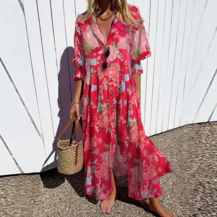 Elina | Women's Leaf Print Button Front Maxi Dress