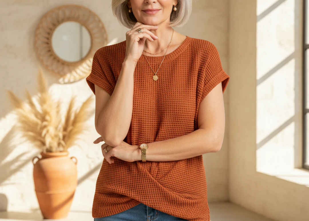 Sophie | Women's Textured Waffle Knit Roll Sleeve Blouse
