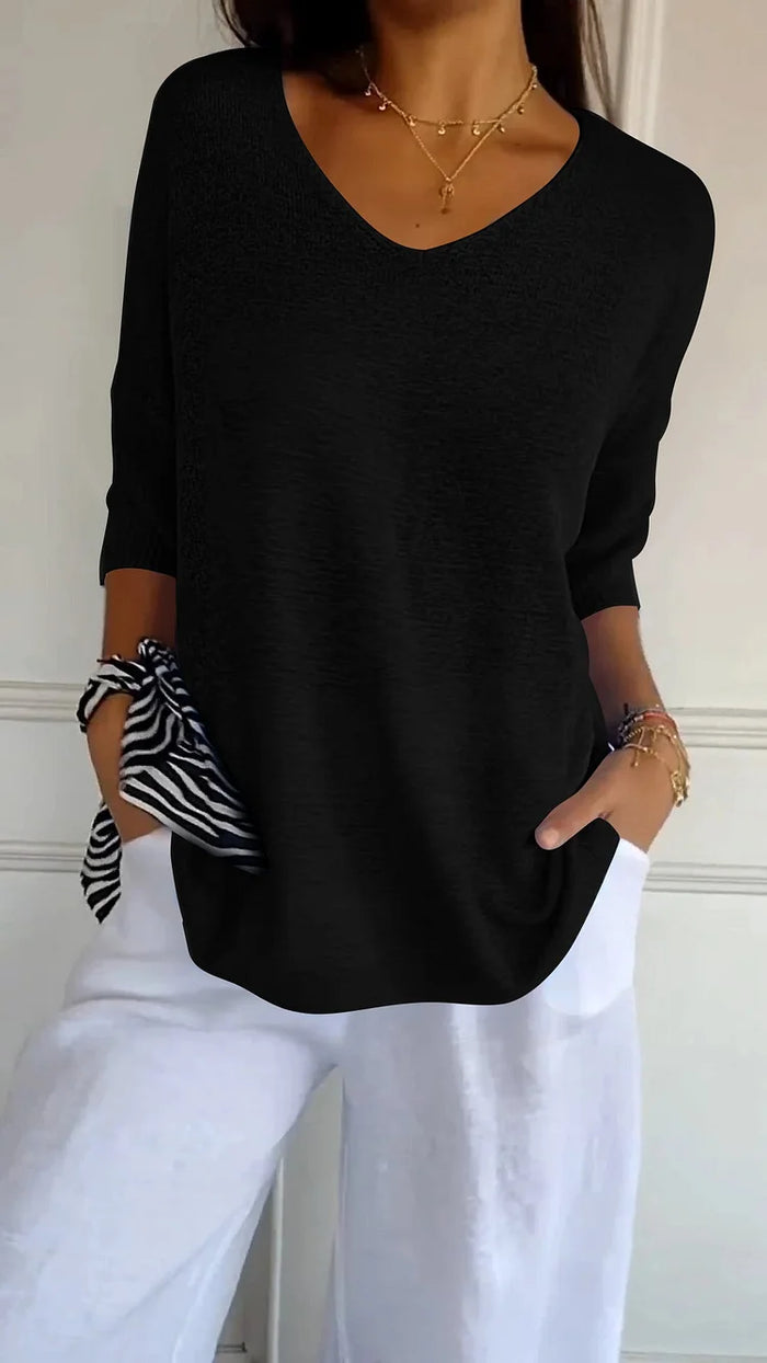 Elowen | Women's Textured V-Neck 3/4 Sleeve Knit Top
