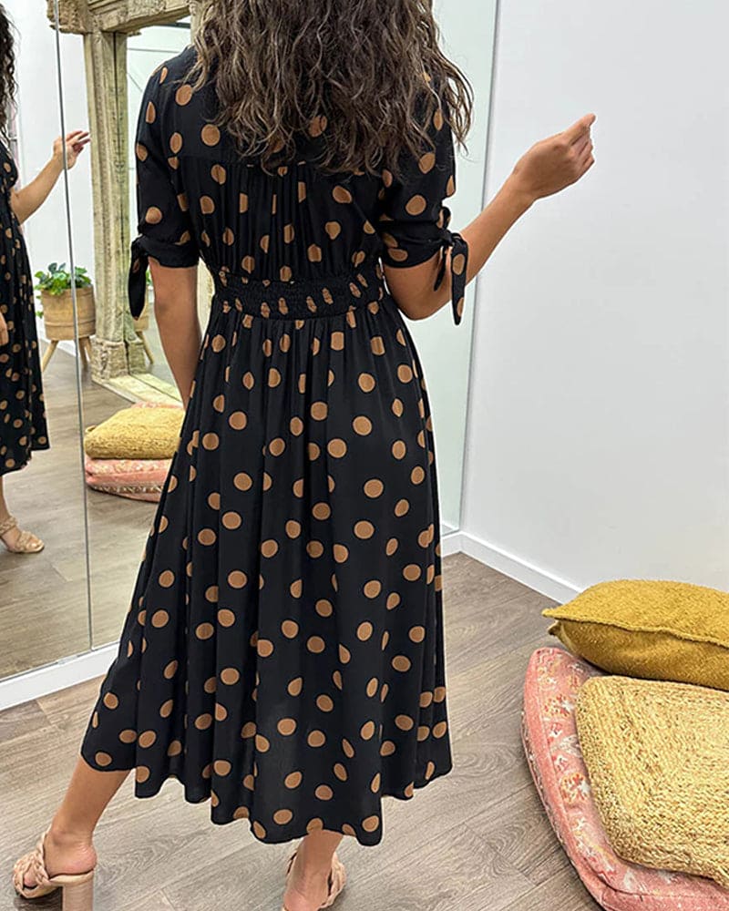Lucienne | Women's Polka Dot V-Neck Buttoned Midi Dress